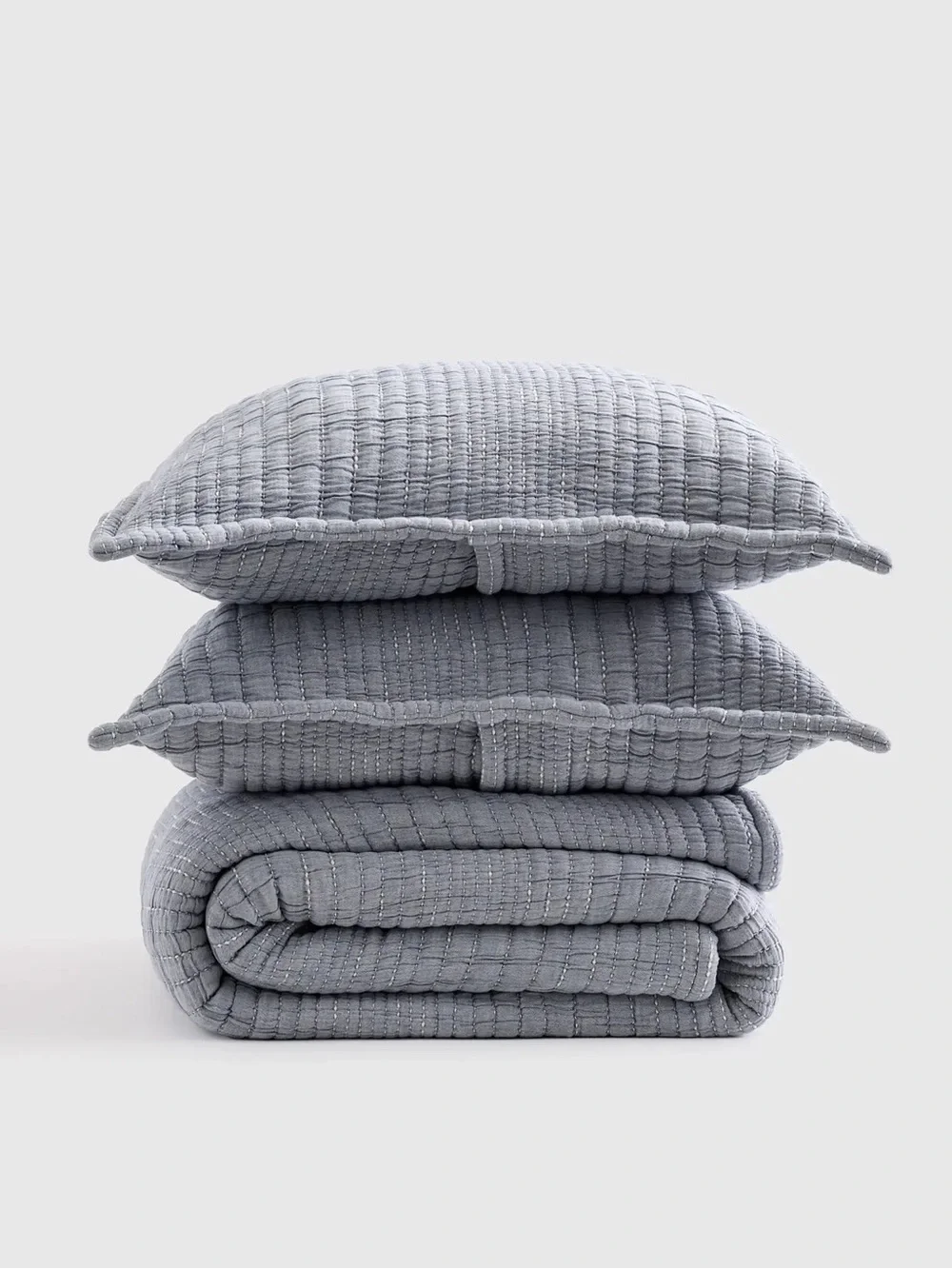 New Quince Organic Cotton Channel Stitch Coverlet Set King/Calking $174 Blue